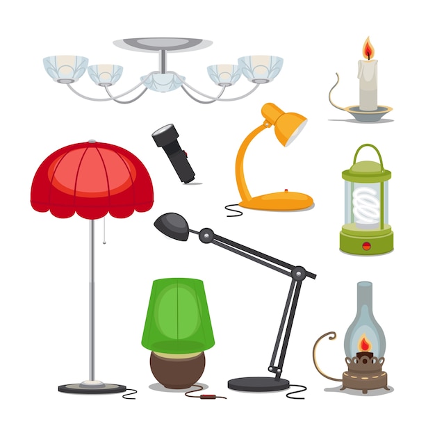 Lamps and lights. chandelier, flashlight, candle and oil lamp, rechargeable lamp.