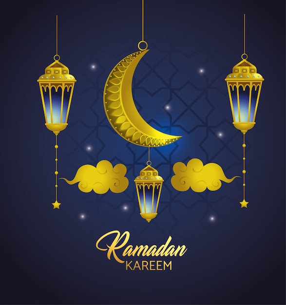 Lamps with clouds and moon hanging to ramadan kareem