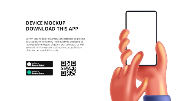 휴대폰용 앱 다운로드를 위한 방문 페이지 배너 광고, 스마트폰 장치 모형을 들고 있는 귀여운 3d 손. 스캔 qr 코드 템플릿이 있는 다운로드 버튼.
