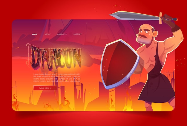 Free vector landing page, cartoon illustration of ancient warrior with sword and shield fights against dragon