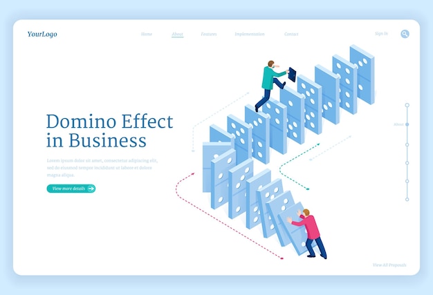 Free vector landing page of chain reaction with isometric people man pushes falling domino and one escapes