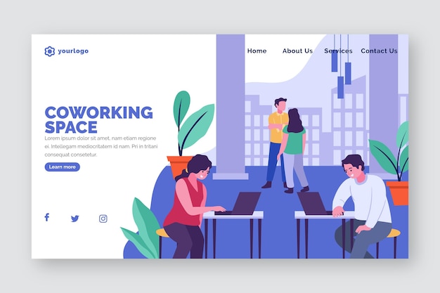 Landing page coworking  office flat hand drawn