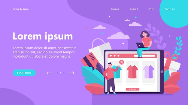 無料ベクター リンク先ページ、服をオンラインで購入する幸せな人々。 tシャツ、パーセント、顧客フラットベクトルイラスト。 eコマースおよびデジタル技術の概念