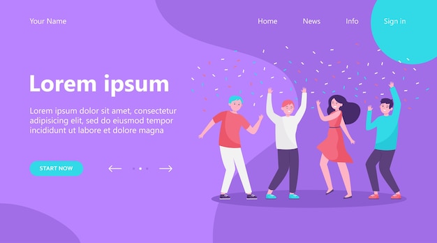 Landing page, Happy people dancing at party together flat vector illustration. Cartoon excited friends or coworkers celebrating with confetti. Achievement and celebration concept