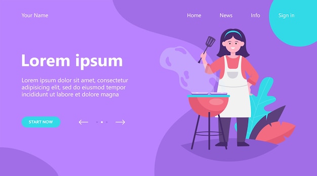 Free vector landing page, happy woman grilling barbecue meat. female chef in apron holding spatula, cooking in garden  flat vector illustration. bbq party, summer, food concept