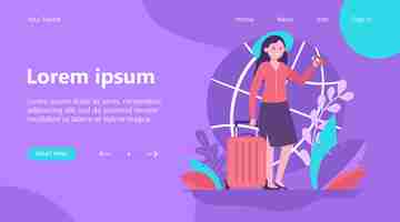 Free vector landing page, happy woman travelling to other country. ticket, bag, journey flat vector illustration. trip and vacation concept