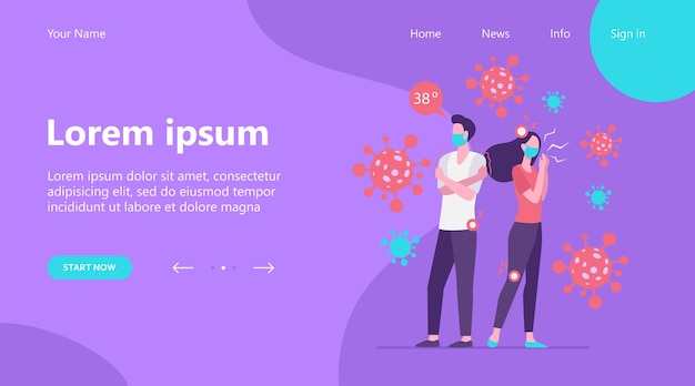 無料ベクター ランディングページ、不安とコロナウイルスの症状で苦しんでいるフェイスマスクを身に着けている感染した人々。男性と女性が発熱、頭痛、関節痛を感じる。武漢、呼吸器疾患、警告トピックに使用できます