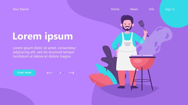 방문 페이지, 자연 평면 벡터 일러스트 레이 션에 남자 튀긴 고기. 만화 요리 스테이크 굽고 신선한 음식이나 shashlik 야외 요리. 여름 바베큐 및 피크닉 개념
