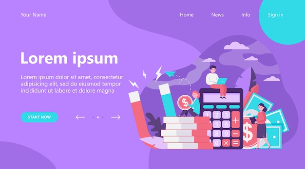 無料ベクター ランディングページ、お金と収入の魅力。電卓、現金、磁石の間で働くビジネスマン。金融、投資、ローン、会計、利益の概念の平らなベクトルイラスト