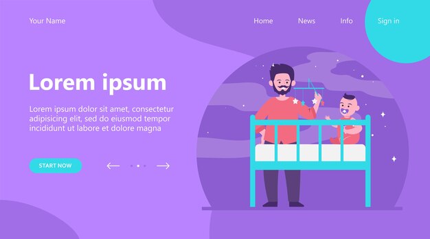 방문 페이지, 아기 침대에서 노는 새 아빠. 딸랑이 장난감, 평면 벡터 일러스트 레이 션 수면을위한 진정 아이. 어린 시절, 육아, 부모 개념