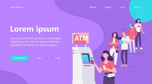 Free vector landing page, queue of people standing for using atm. bank customer inserting credit card to slot for transaction. vector illustration for business, banking, finance concept