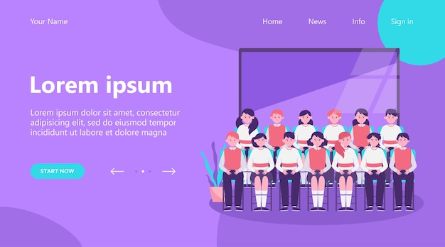 無料ベクター ランディングページ、教室でクラス写真のポーズをとる学校の生徒。黒板の近くの行に座っている制服を着た10代の男の子と女の子。メモリ、クラスメート、教育概念のベクトルイラスト