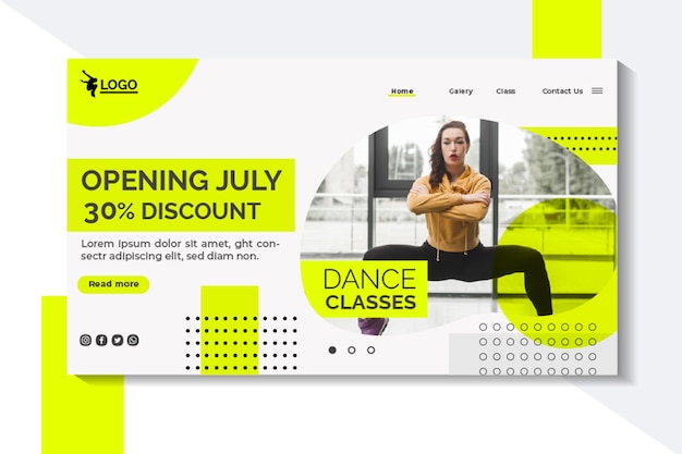 Landing page template for dancing lessons with female performer