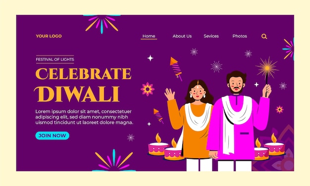 디왈리 힌두교 축제 축하를 위한 방문 페이지 템플릿