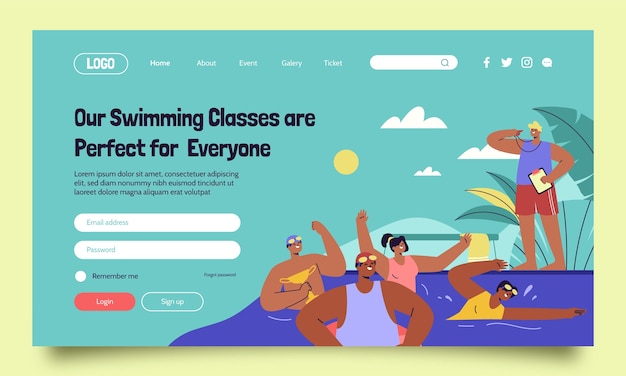 無料ベクター 水泳のレッスンと学習のランディング ページ テンプレート