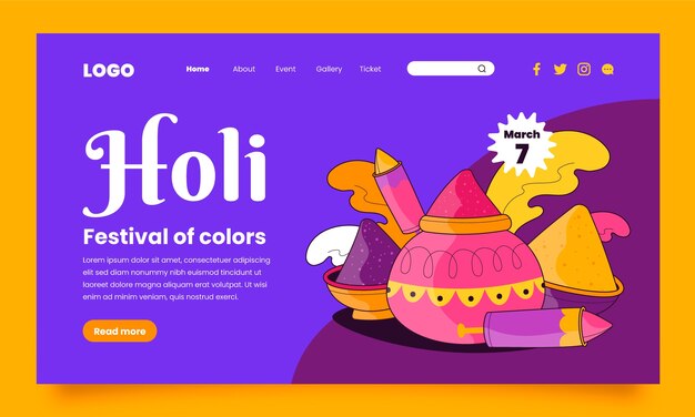 Landing page template for holi festival celebration