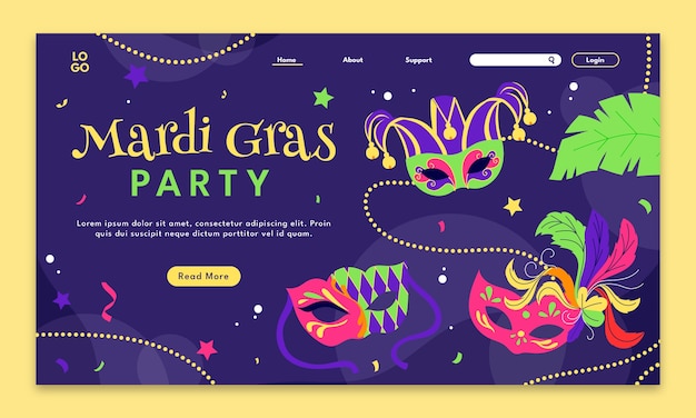 Landing page template for mardi gras carnival celebration