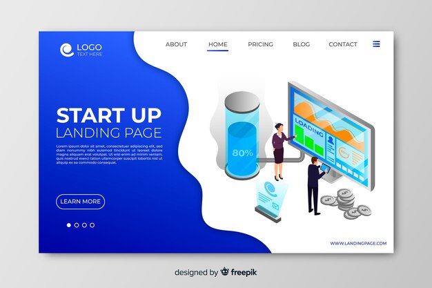 Landing page template startup in isometric design