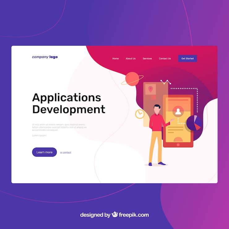 Free Vector landing page template with app development concept 