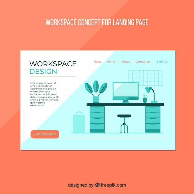 Free vector landing page template with workspace concept