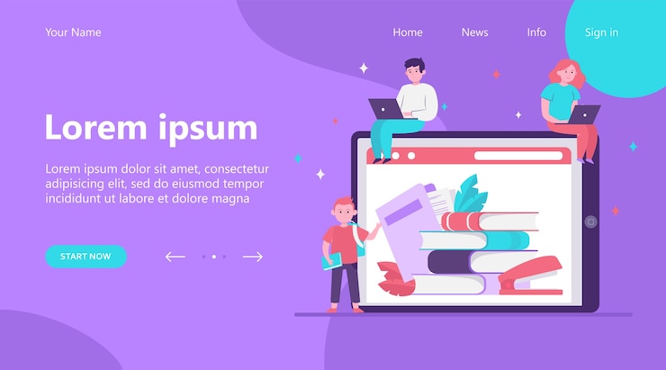 Free Vector landing page, tiny people reading books in online library. internet, laptop, technology flat vector illustration. knowledge and education concept