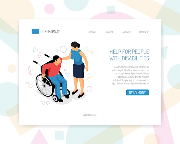 Целевая страница или веб-шаблон с людьми с ограниченными возможностями помогают организациям-волонтерам обучить сбор средств Изометрические веб-страницы с предоставлением помощи в инвалидных колясках векторные иллюстрации