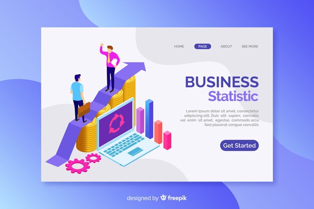 Landing page with isometric business graphs