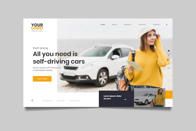 Free vector landing page with photo of woman next to car