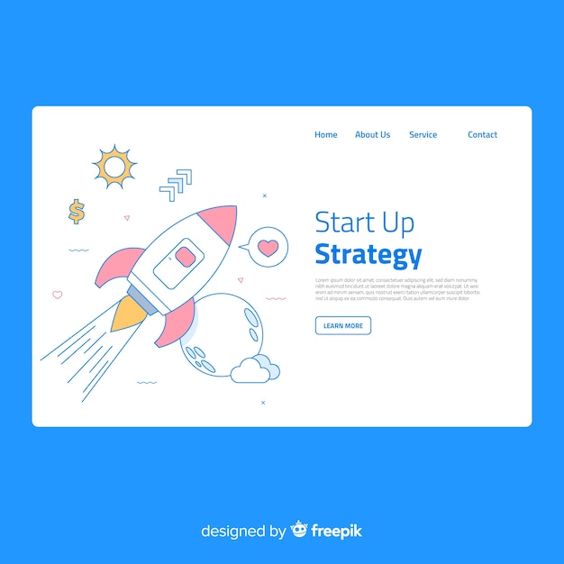 Free vector landing page with a rocket  lifting off