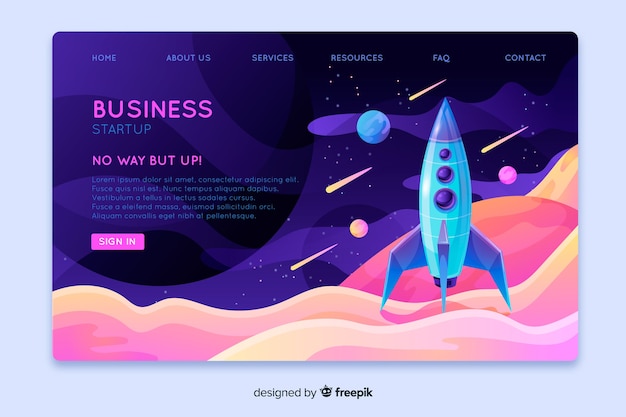 Landing page with a rocket lifting off