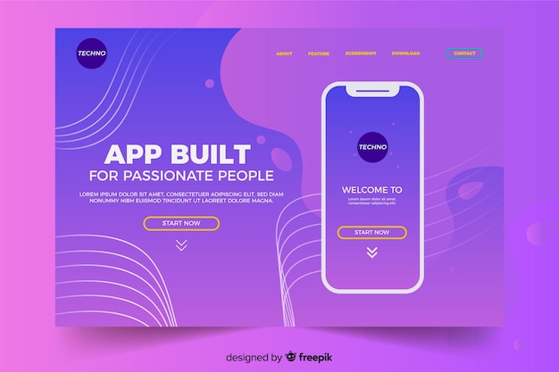 Free vector landing page with smartphone on liquid violet shades