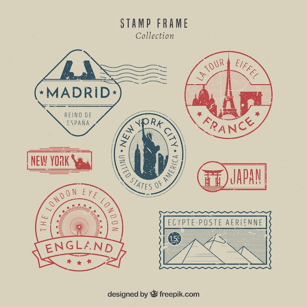 Free vector landmark stamps collection in vintage style