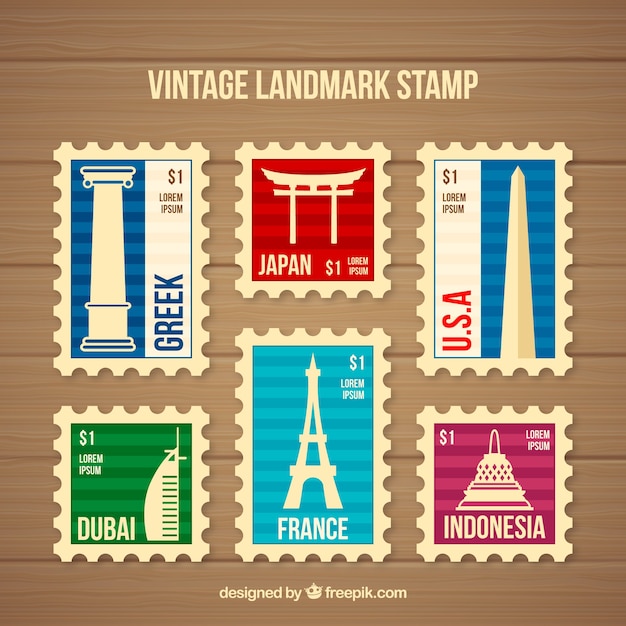 Vettore gratuito collezione di francobolli landmark in stile vintage