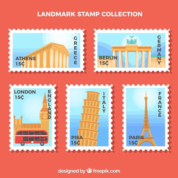 Vettore gratuito collezione di francobolli landmark con città e monumenti
