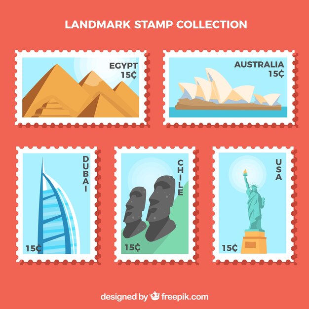 Landmark stamps collection with cities and monuments