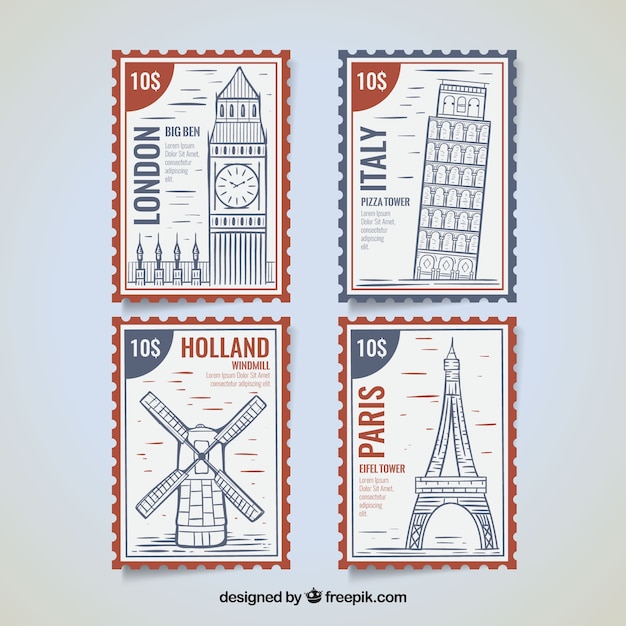 Free vector landmark stamps collection with cities and monuments