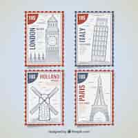 Free vector landmark stamps collection with cities and monuments