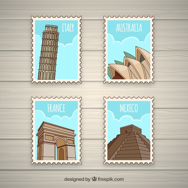 Free vector landmark stamps collection with cities and monuments