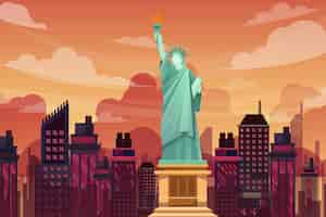 Free vector landmark statue of liberty of new york city, famous landscape of buildings and the statue of liberty in uas, tourist attraction design postcard or travel poster, vector illustration.