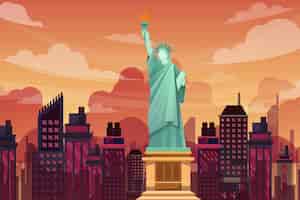 Бесплатное векторное изображение Знаменитая статуя свободы нью-йорка, знаменитый пейзаж зданий и статуя свободы в uas, открытка с дизайном туристической достопримечательности или туристический плакат, векторная иллюстрация .