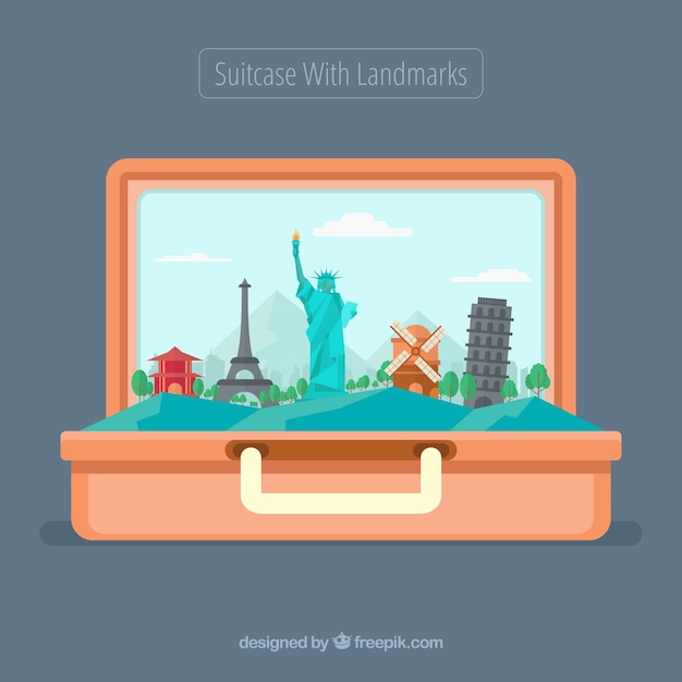 Landmarks in open suitcase