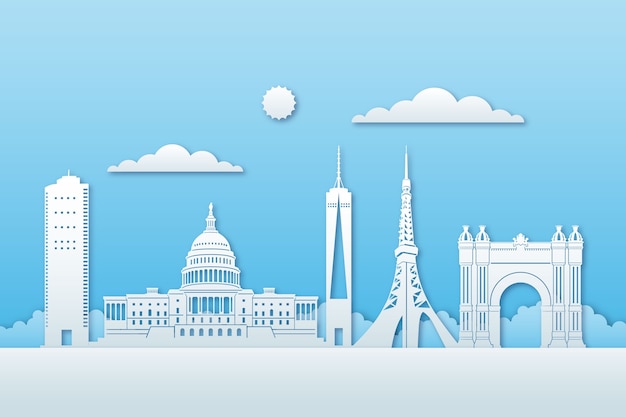 Free vector landmarks skyline in paper style and blue sky