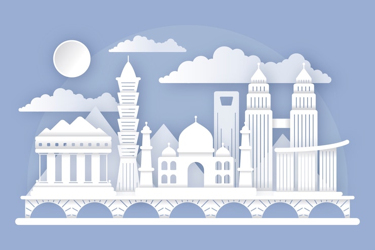 Free Vector landmarks skyline in paper style concept
