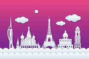 Free vector landmarks skyline in paper style and gradient violet sky