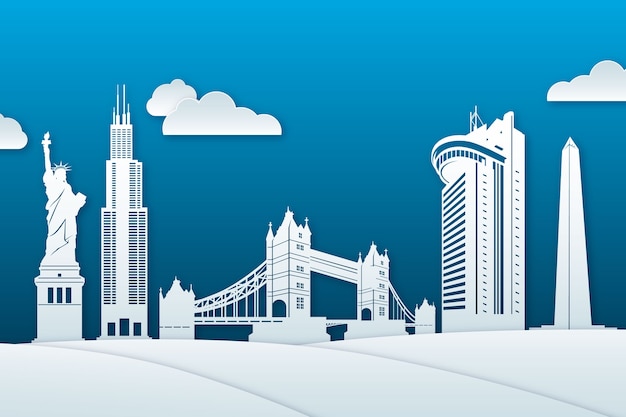 Free vector landmarks skyline in white paper style