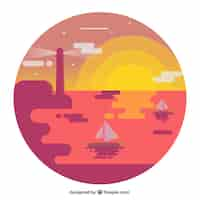 Free vector landscape background at sunset with boats in flat design