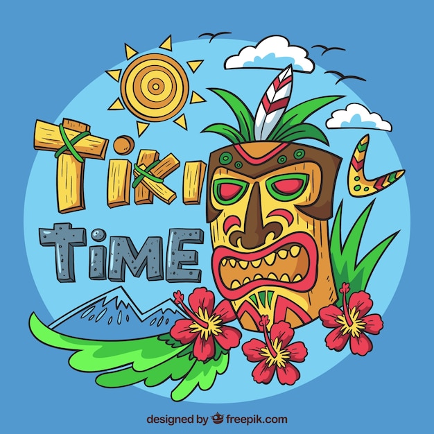 Landscape background with hand drawn tiki mask