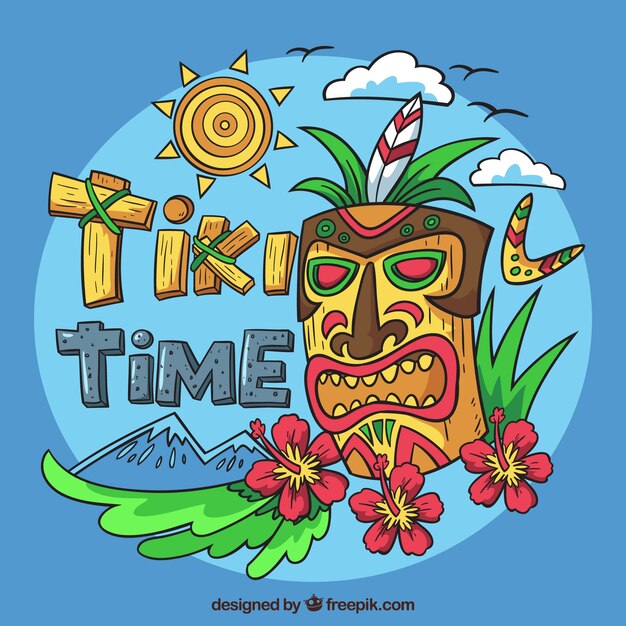 Landscape background with hand drawn tiki mask