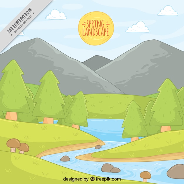 Free vector landscape background with mountains and hand drawn river