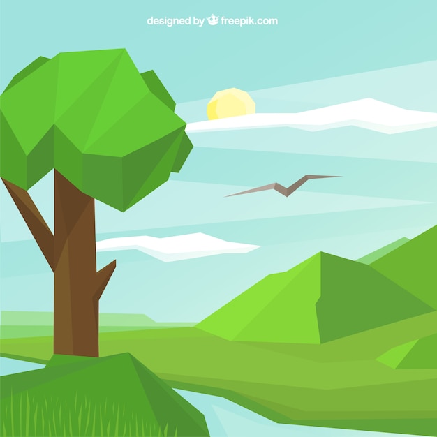 Free vector landscape background with river and tree in polygonal style